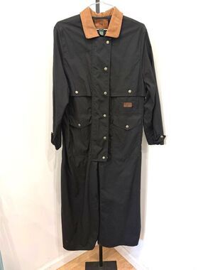 Ralph Lauren Black Long Waxed Cotton Trench Coat with Brown Corduroy Collar